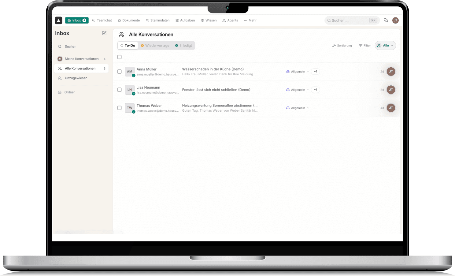 KI Software für Hausverwaltungen: hausverwalter.ai Inbox in der Desktop-App